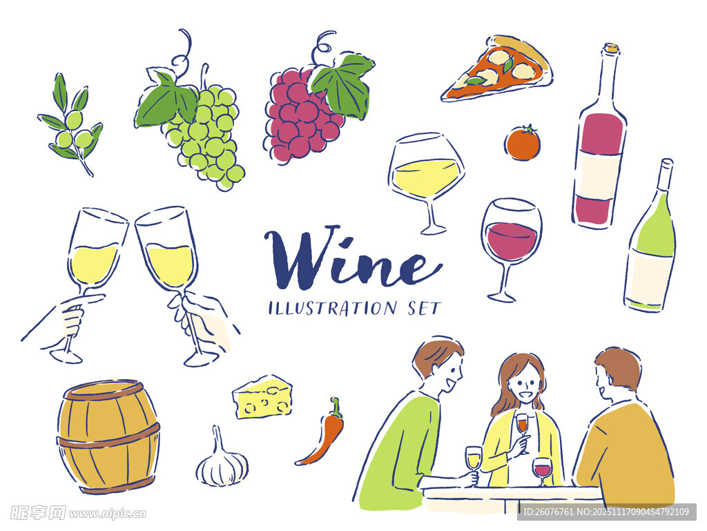 葡萄酒主题插画元素集合