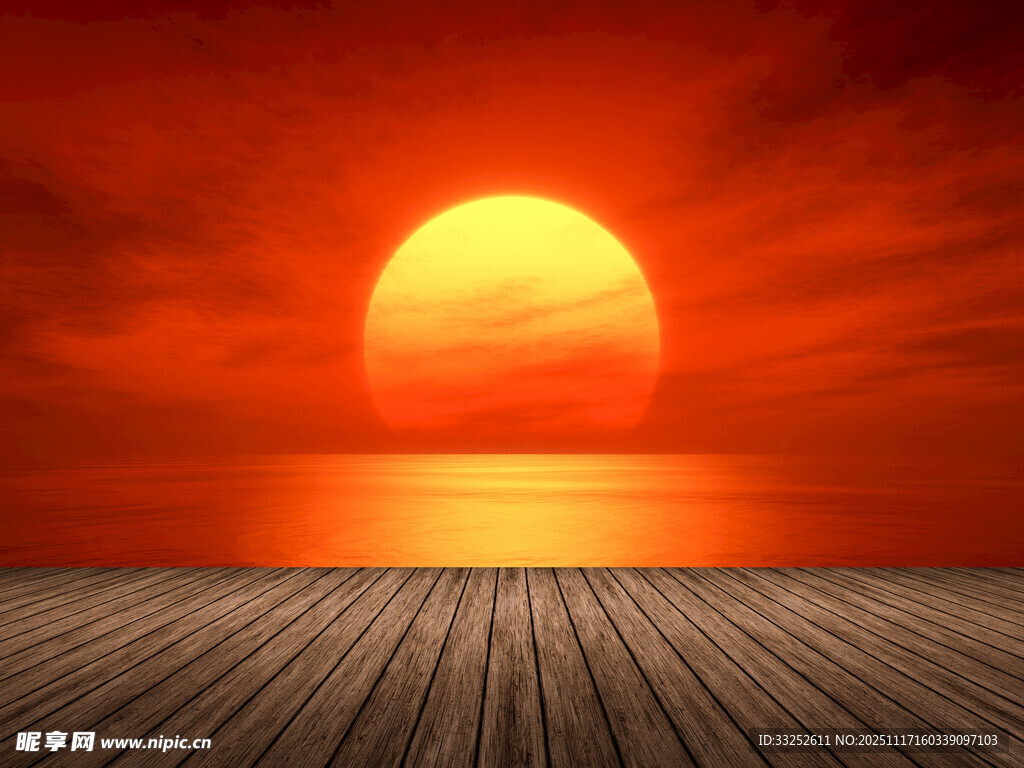 夕阳下的木质平台美景