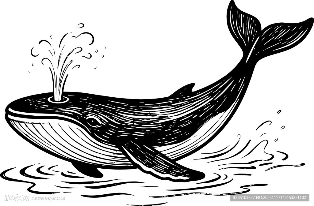 手绘鲸鱼在水中喷水
