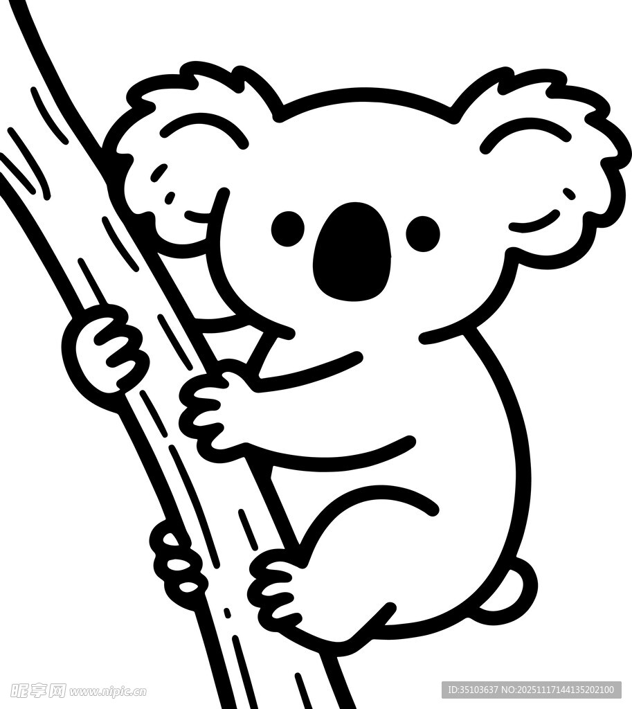 卡通考拉攀在树枝上