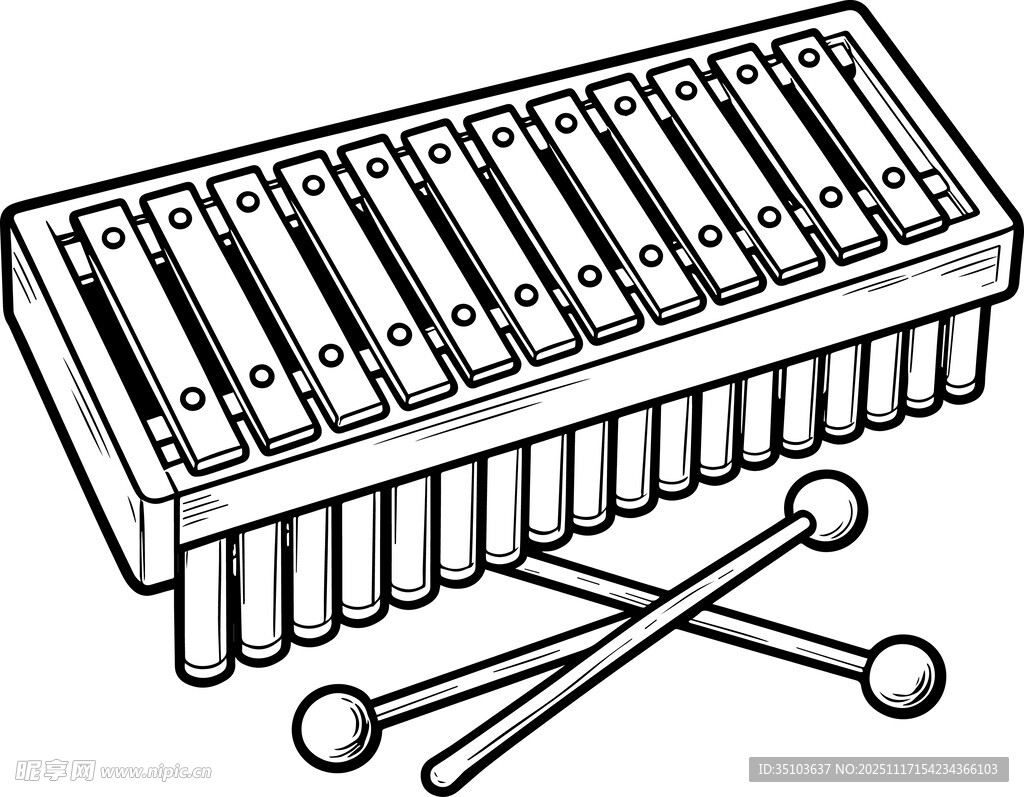 木琴与琴槌的黑白插画