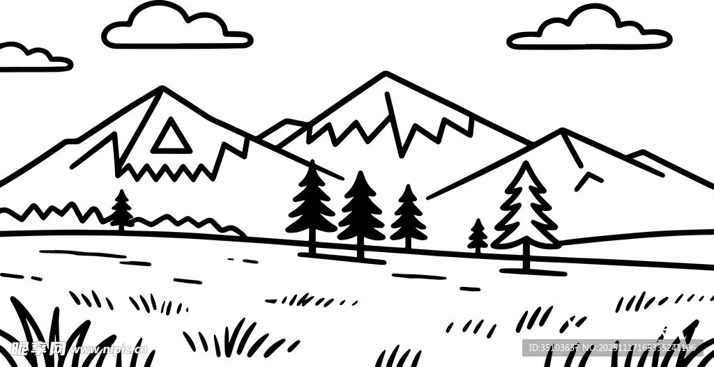 黑白手绘风山林风景图