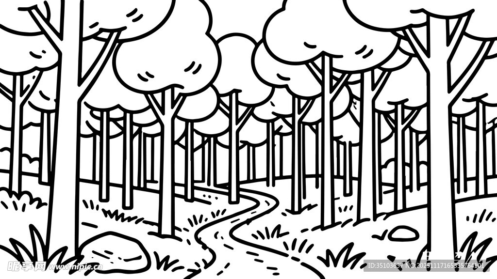 黑白森林小径插画