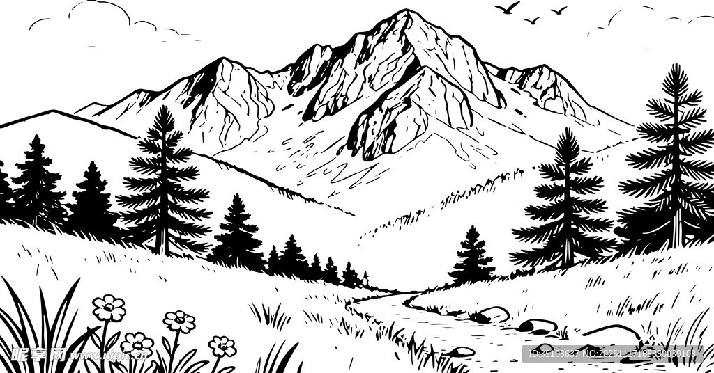 山间松林风景黑白插画