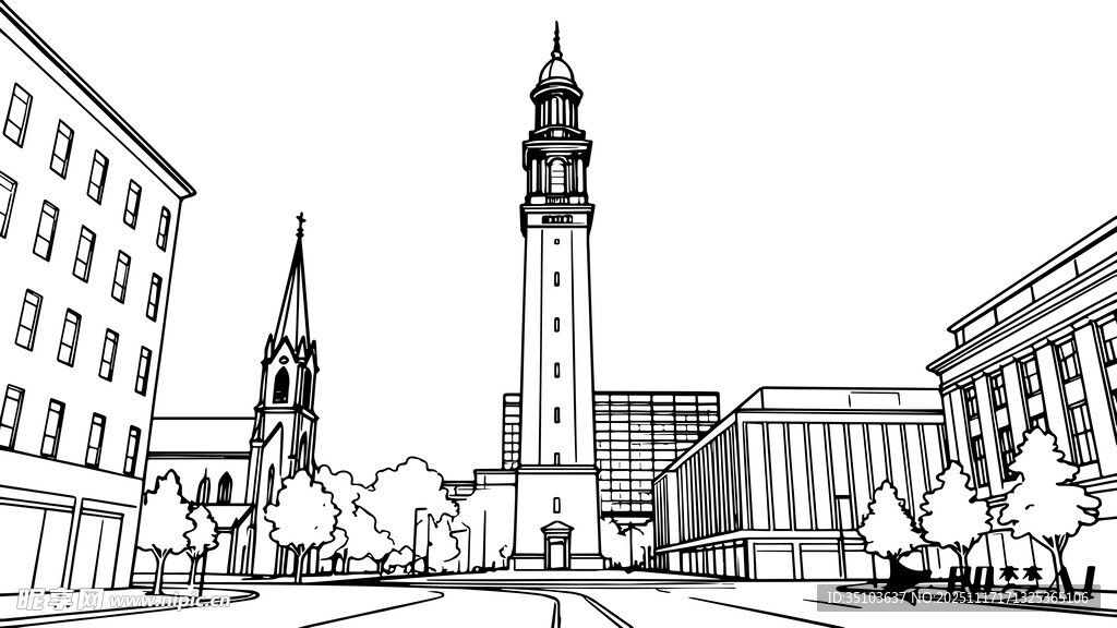 城市钟楼黑白线条景观图