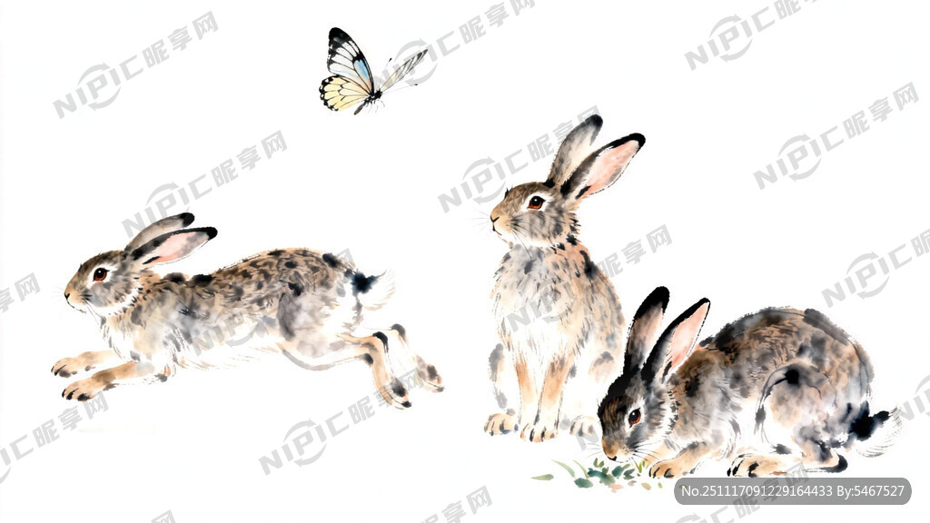 3只兔子 一只向前 一只站立 