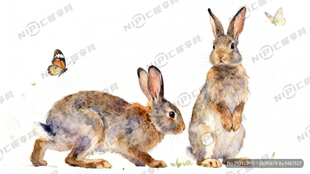 2只兔子 一只向前 一只站立 