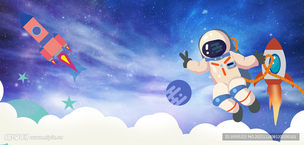 太空遨游的宇航员与火箭