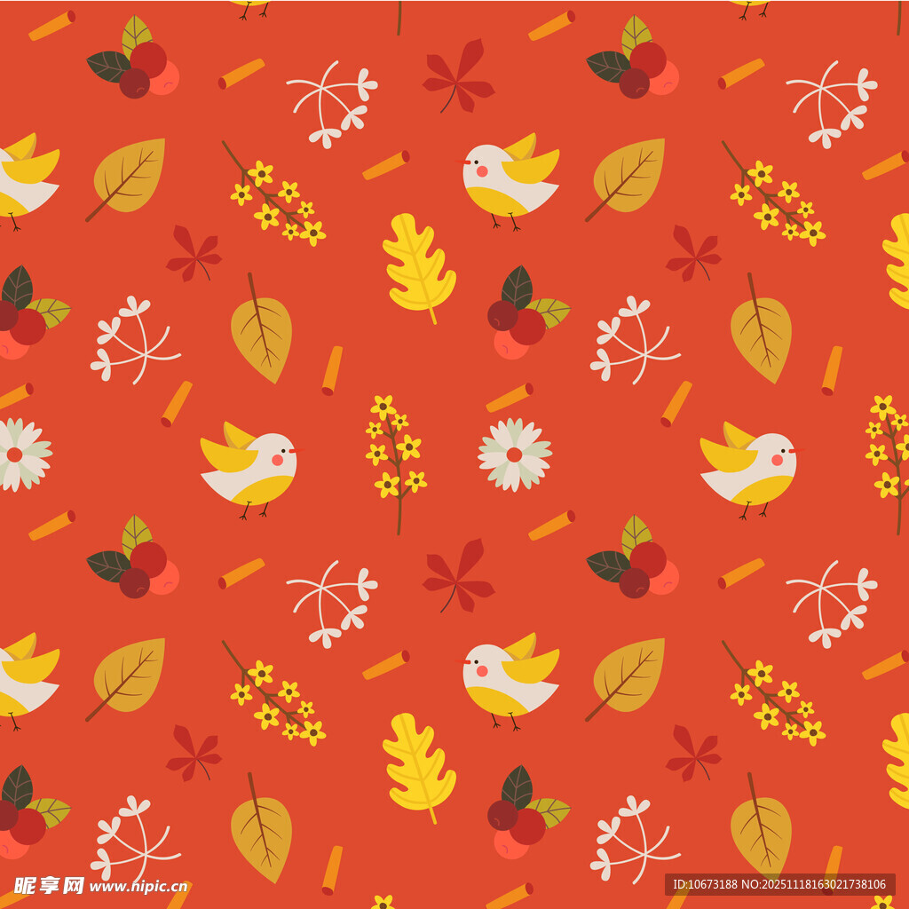 秋日花鸟图案的红色背景图