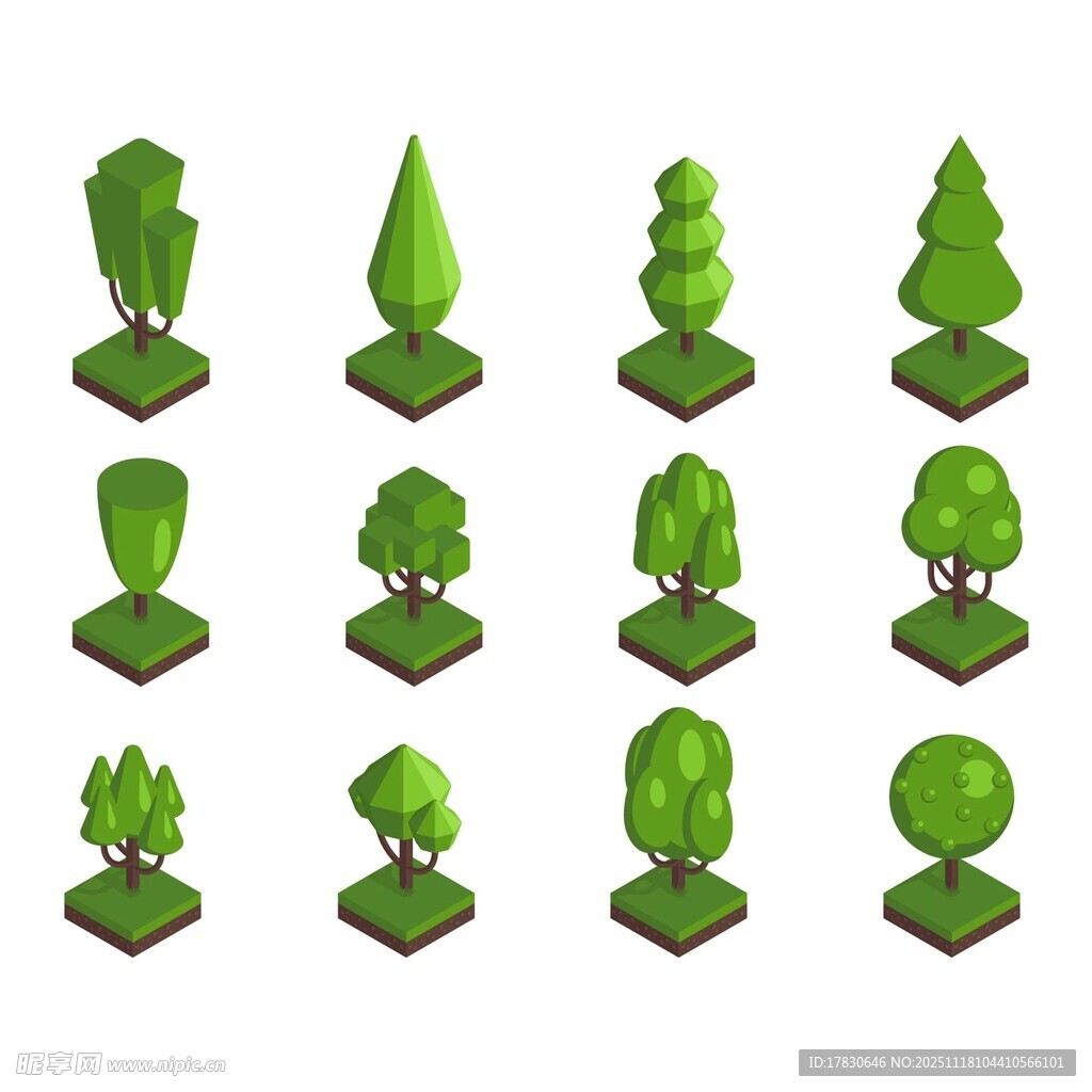 多样等距绿色树木模型