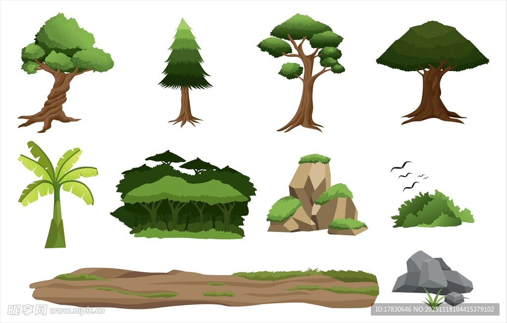 多样卡通树木与景观元素