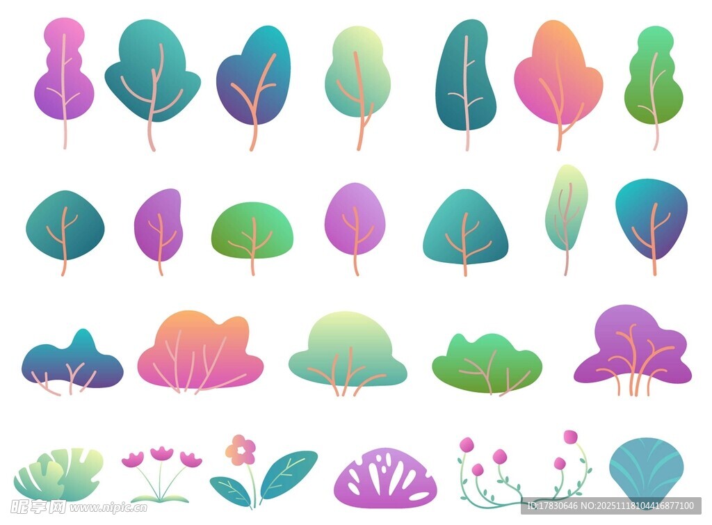 多彩卡通树叶花卉素材集