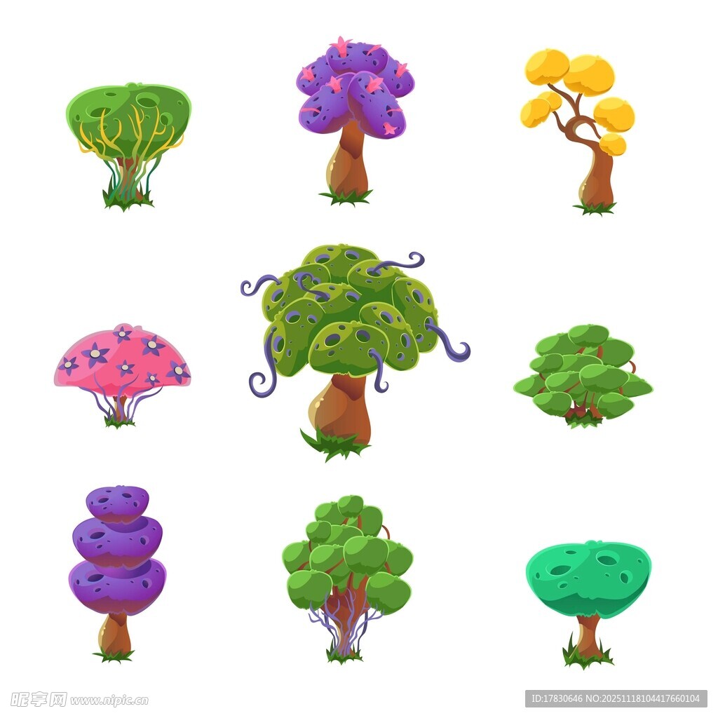 卡通风格多彩树木集合