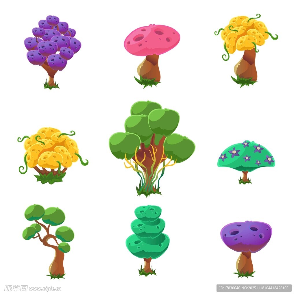 可爱卡通树木蘑菇插画