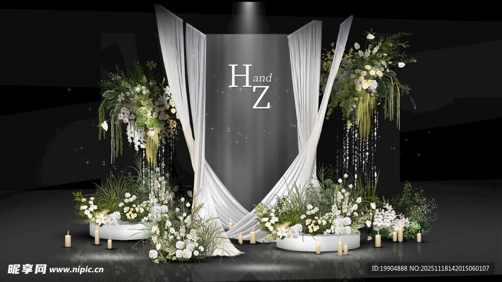 白色布幔线帘绿白花艺