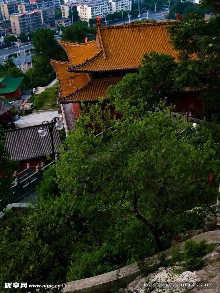 俯瞰中式古建筑与绿树