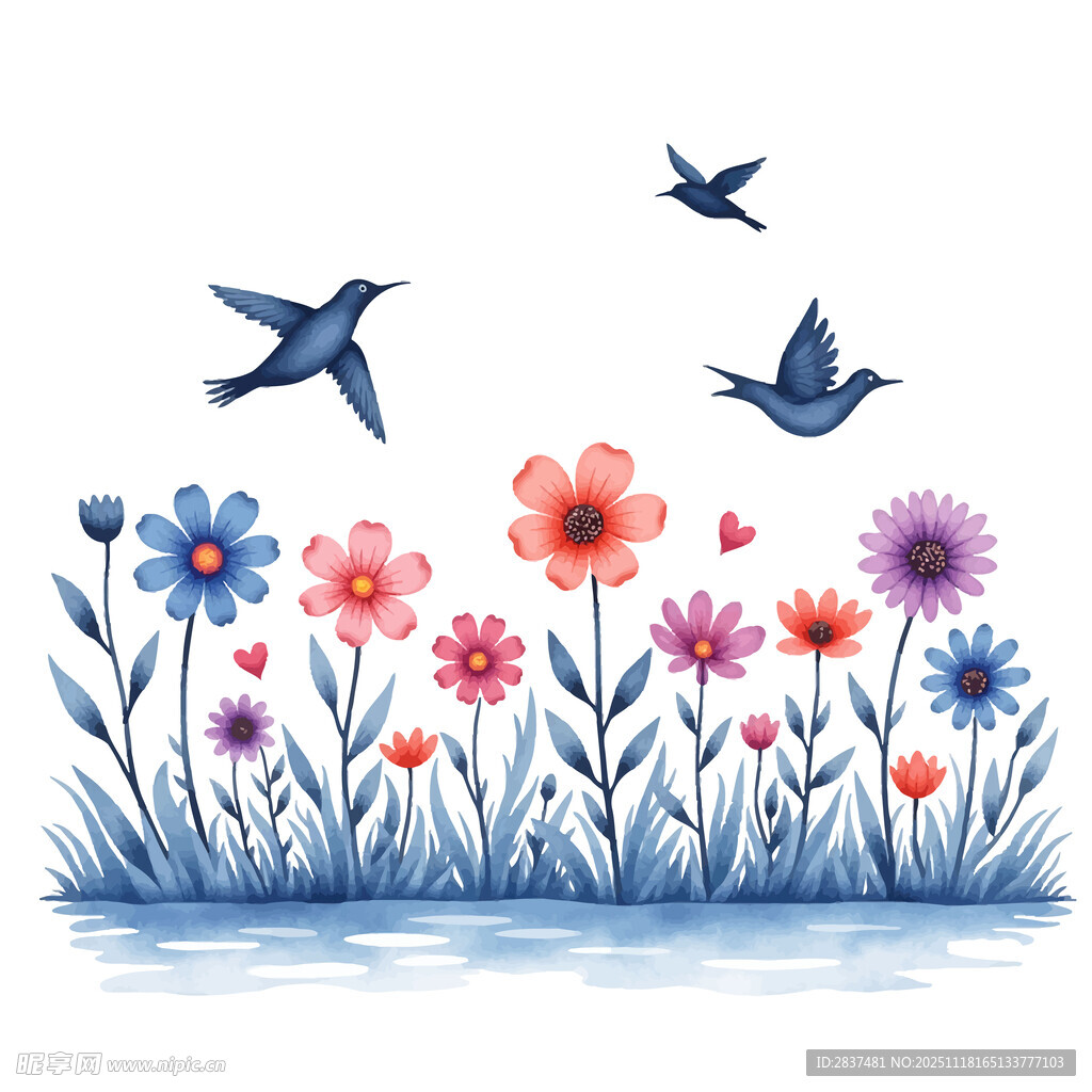 花丛飞鸟插画
