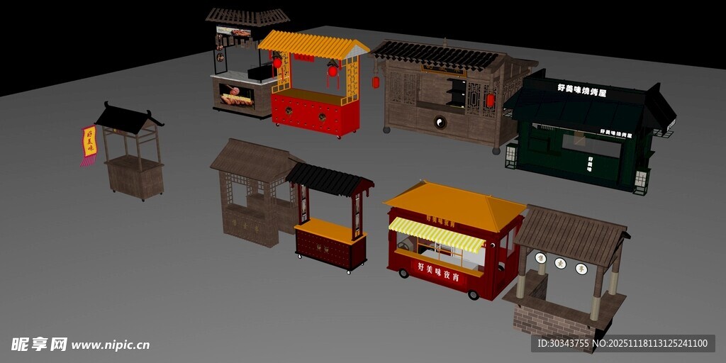 c4d中国风 摊位 摆摊车