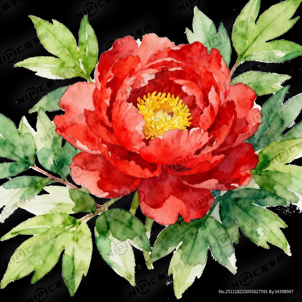 手绘绿叶红牡丹