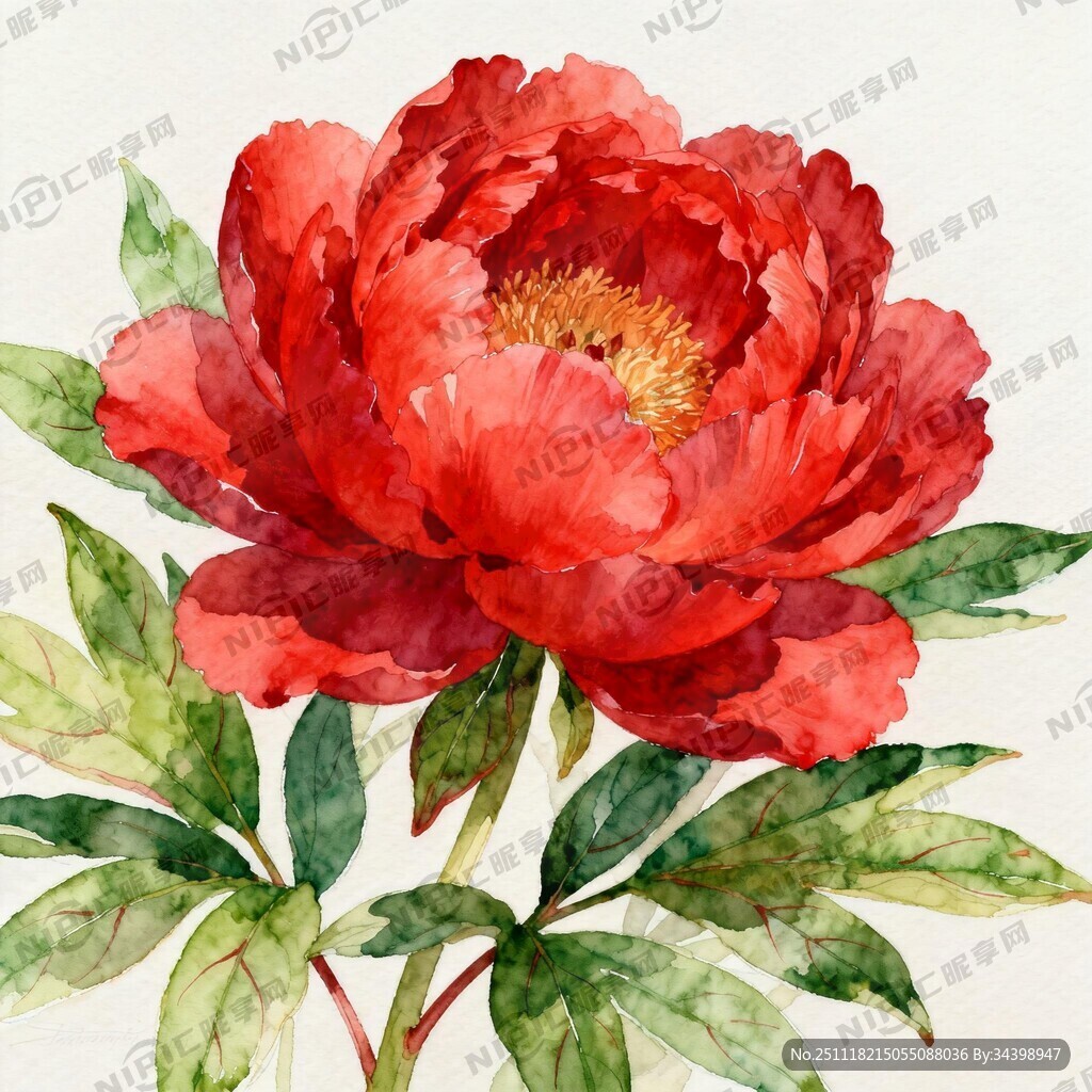 手绘绿叶红牡丹