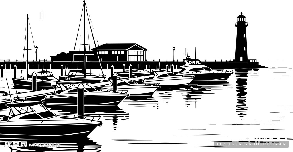 海港灯塔下的停泊船只