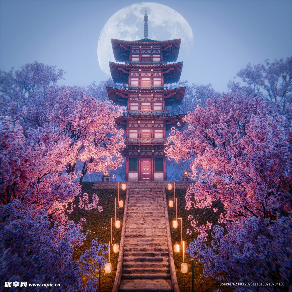 月夜下的樱花古塔美景