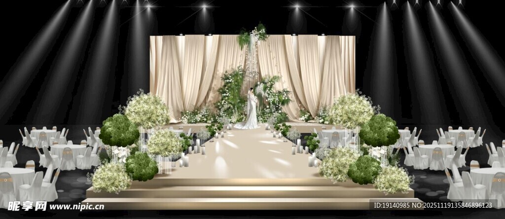香槟色布幔白绿色韩式主舞台
