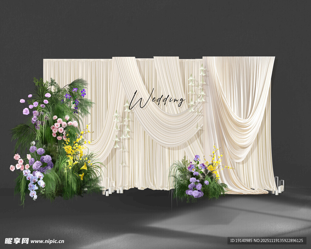 香槟色布幔白绿粉紫黄色迎宾区