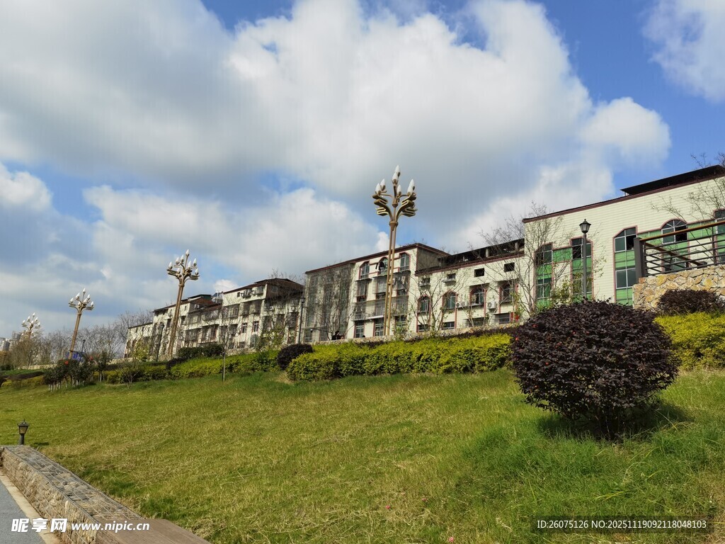 欧式风格建筑旁的绿地景观