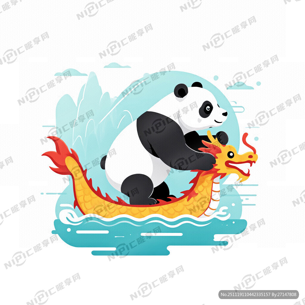 一个熊猫在划龙舟 卖力一点