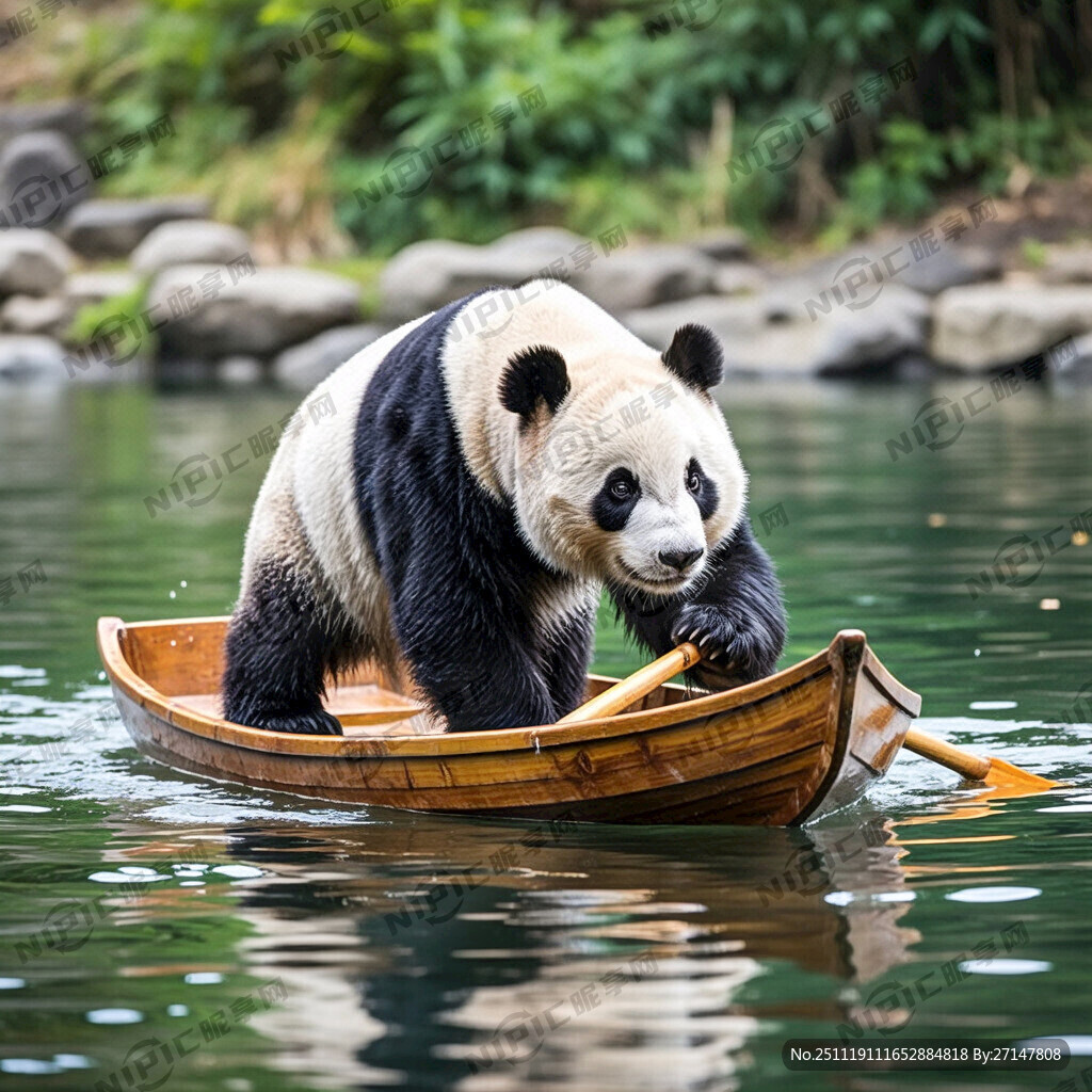熊猫在十分卖力的划船