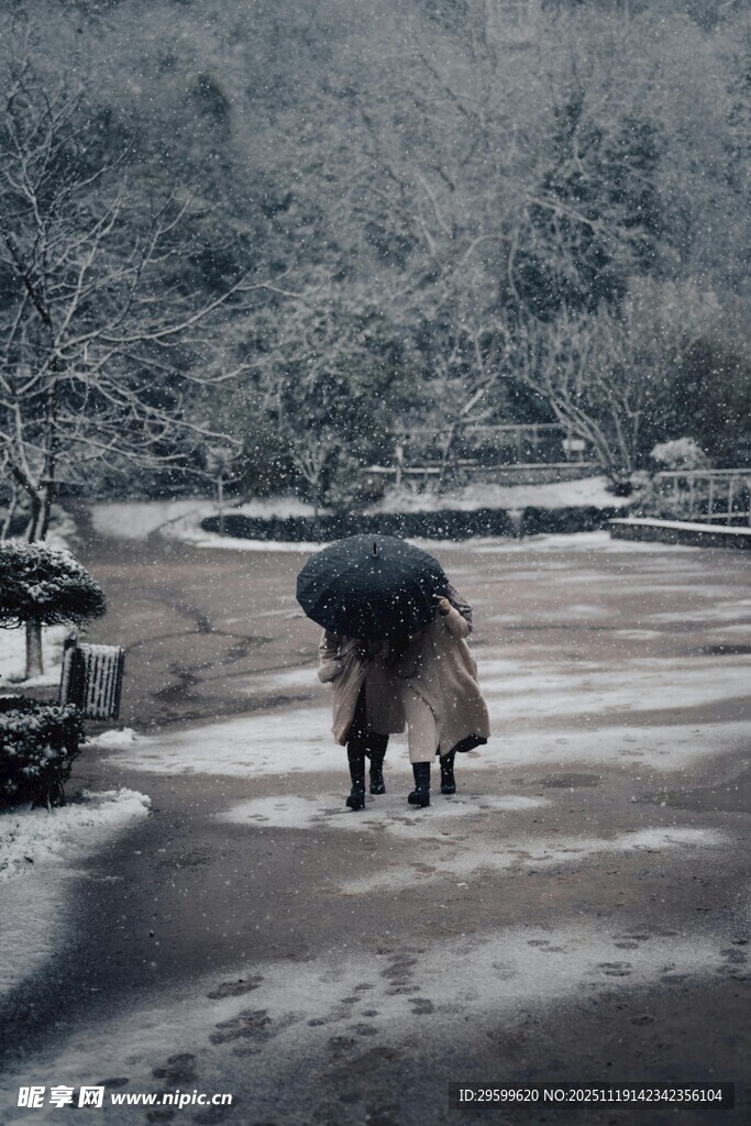 雪中撑伞漫步的温馨场景