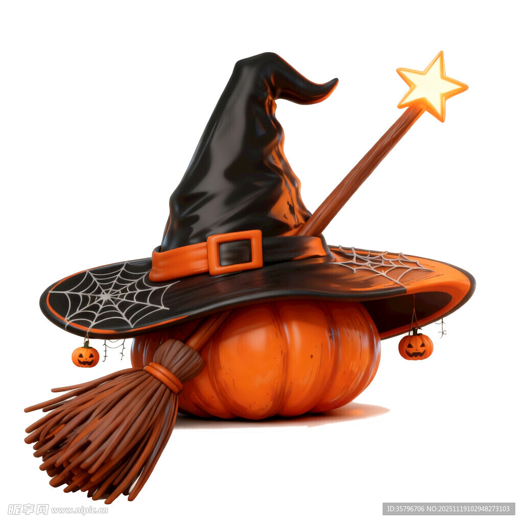 南瓜上的女巫帽与扫帚