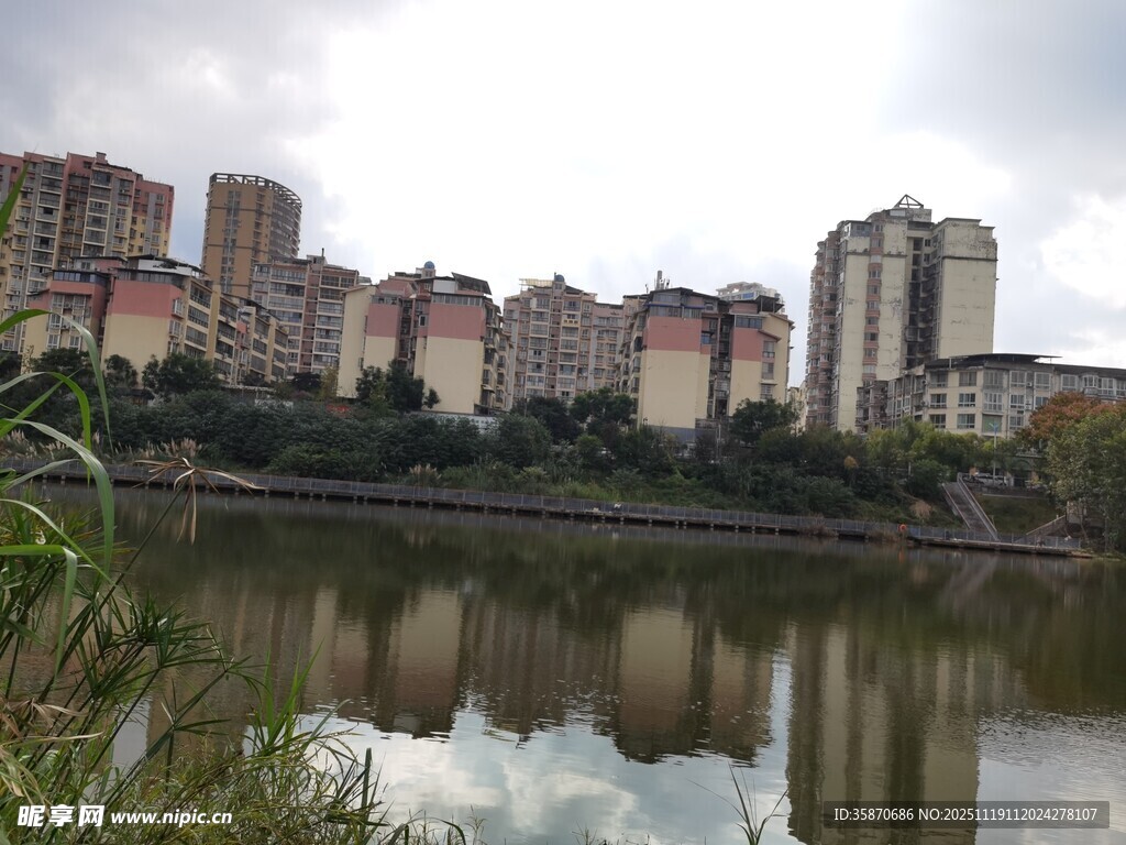 湖畔高楼林立的城市景致