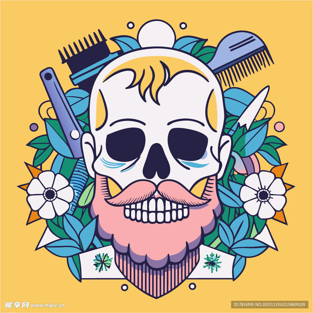 骷髅头与花卉美发元素图案