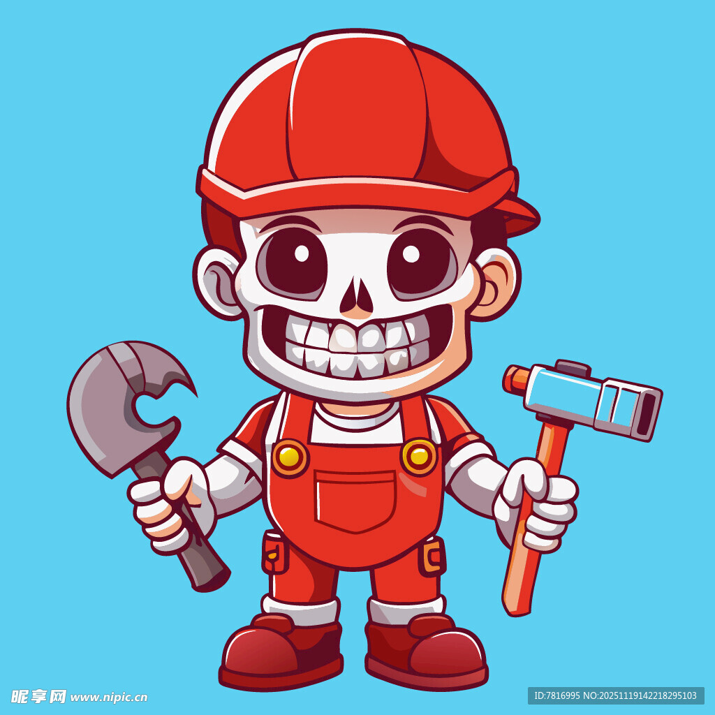 卡通骷髅工人手持工具