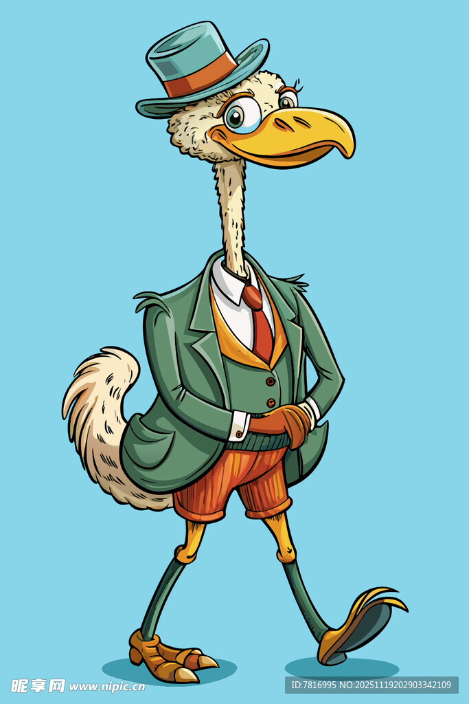 时髦行走的卡通长嘴鸟
