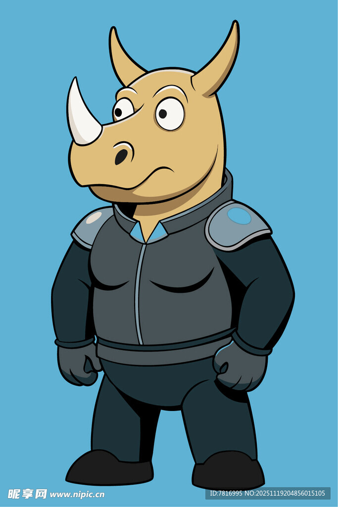 犀牛卡通角色身着黑衣