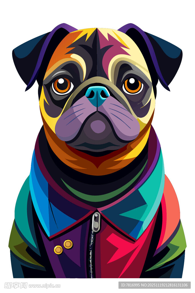 彩色时尚巴哥犬插画