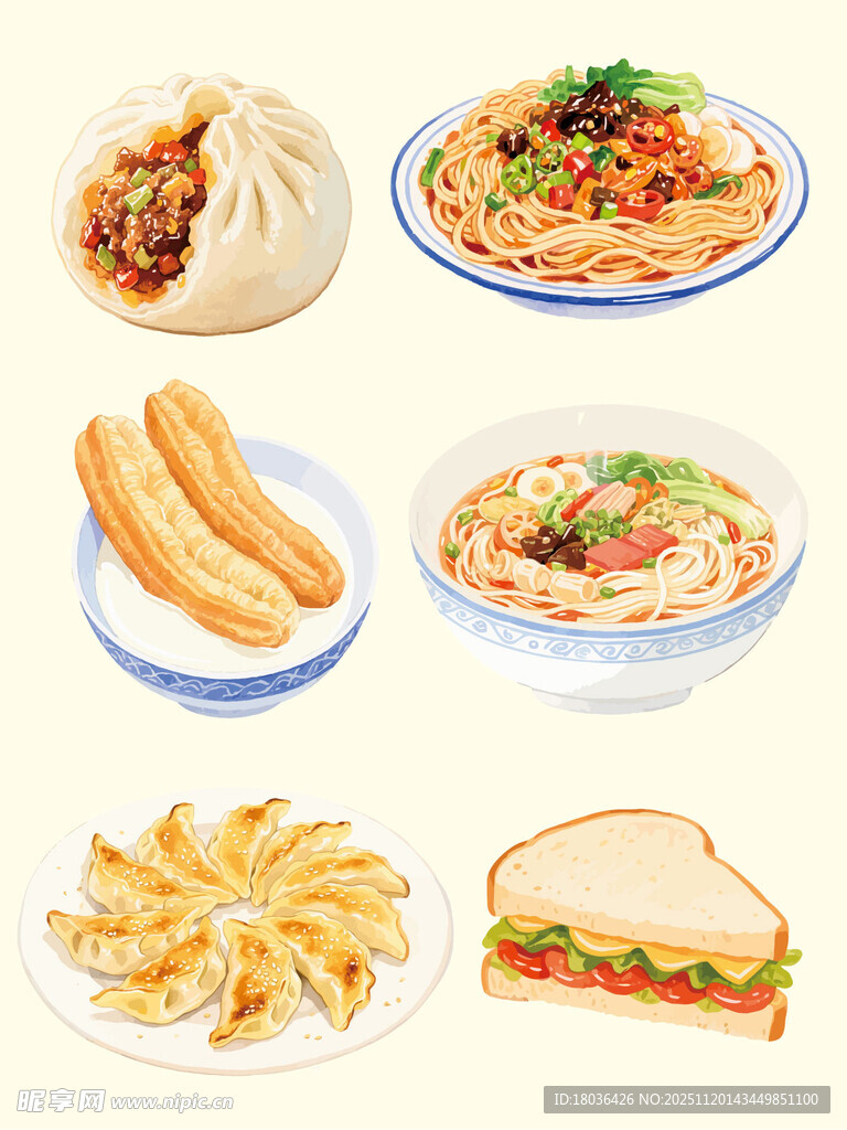 早餐油条包子早点多样美食集合