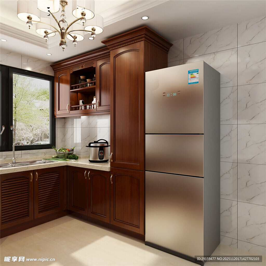 现代厨房不锈钢冰箱配木橱柜