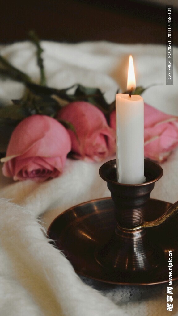 玫瑰旁点燃的浪漫蜡烛