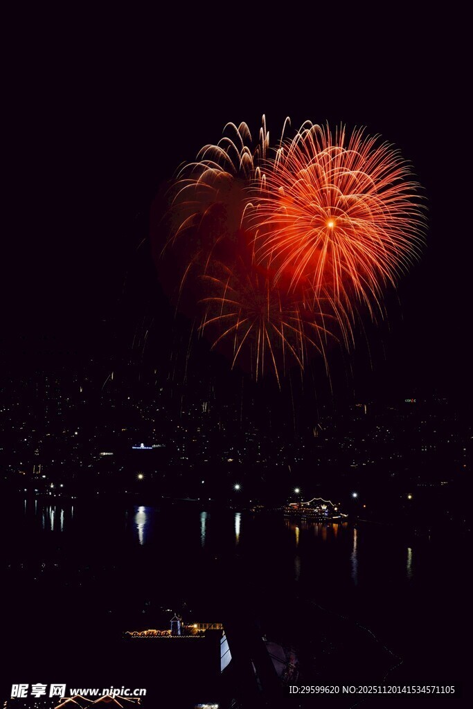 夜空中绚烂的红色烟花