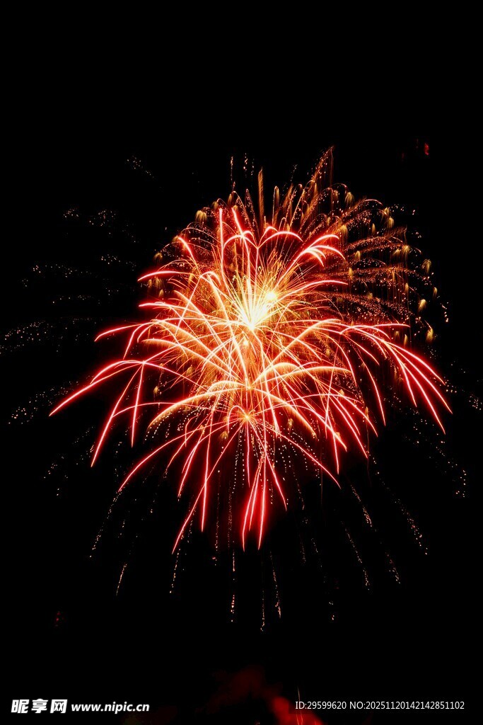 夜空中绚烂的红色烟花