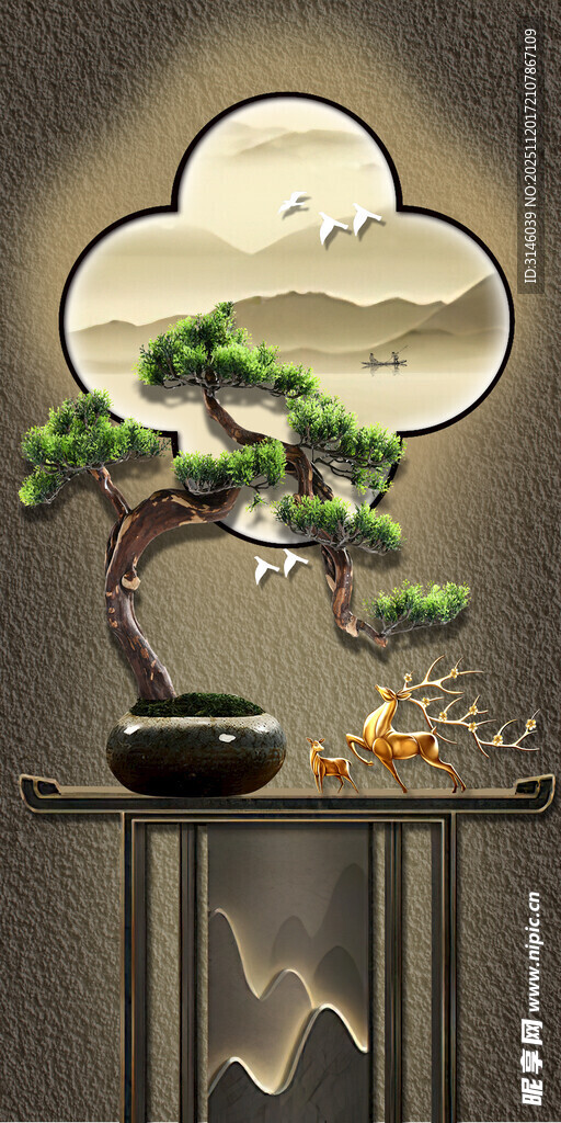 中式云形装饰与盆景摆件