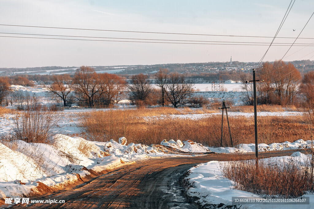 冬日乡村雪中小路景象