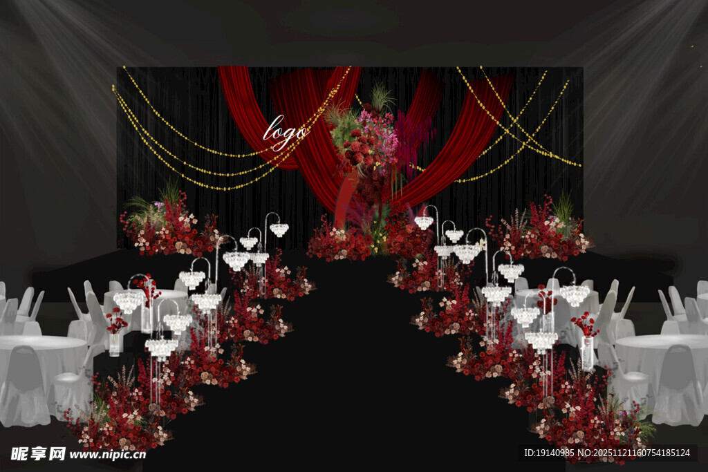 黑色背景红色布幔造型主舞台