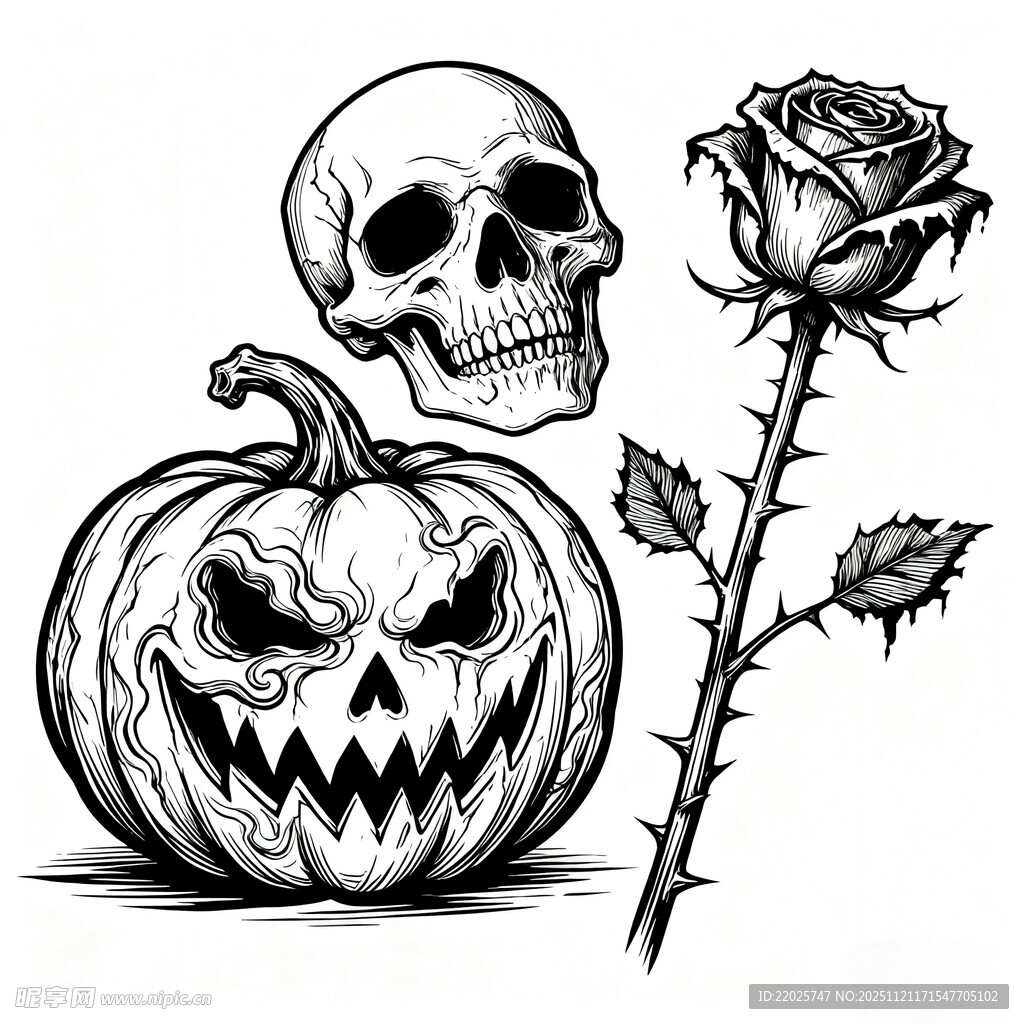 南瓜骷髅玫瑰万圣节元素