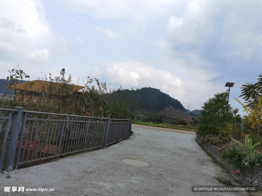 山间水泥路旁的围栏风景
