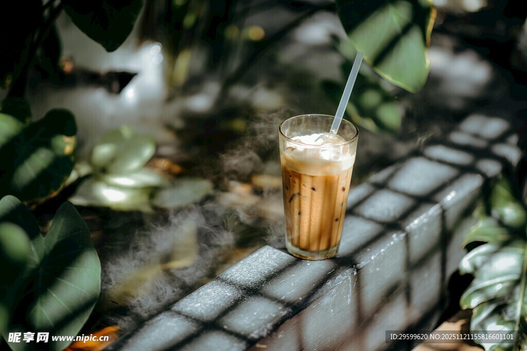 户外绿植旁的一杯饮品